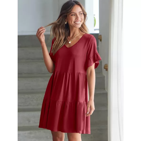 imageANRABESS Womens Summer Casual Cute VNeck Mini Dress with Pocket Ruffle Short Sleeve 2024 Trendy Beach DressesBurgundy