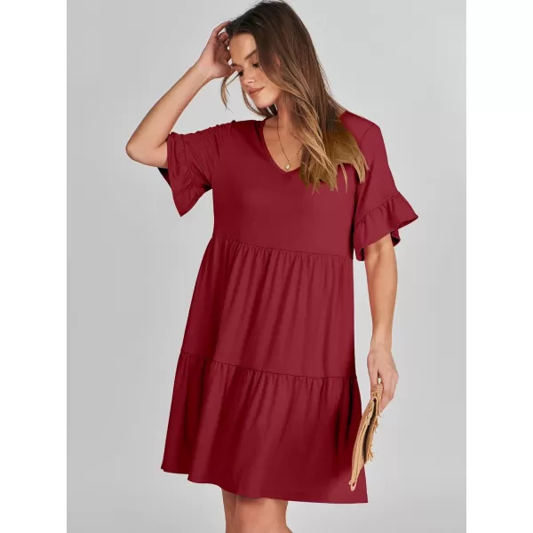 imageANRABESS Womens Summer Casual Cute VNeck Mini Dress with Pocket Ruffle Short Sleeve 2024 Trendy Beach DressesBurgundy