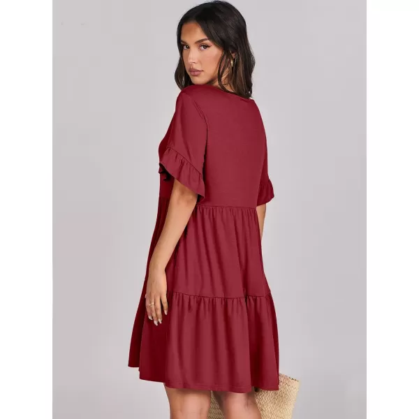 imageANRABESS Womens Summer Casual Cute VNeck Mini Dress with Pocket Ruffle Short Sleeve 2024 Trendy Beach DressesBurgundy