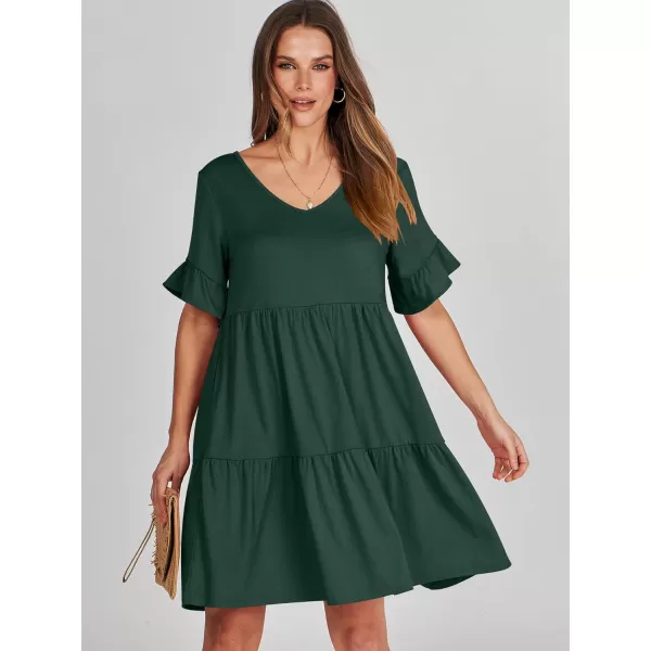 imageANRABESS Womens Summer Casual Cute VNeck Mini Dress with Pocket Ruffle Short Sleeve 2024 Trendy Beach DressesDeep Green