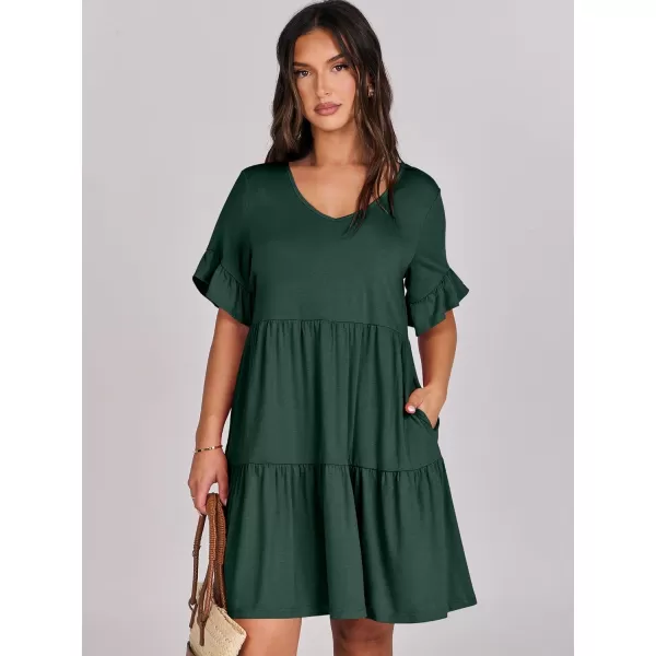 imageANRABESS Womens Summer Casual Cute VNeck Mini Dress with Pocket Ruffle Short Sleeve 2024 Trendy Beach DressesDeep Green