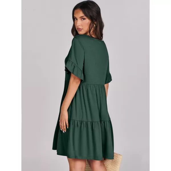imageANRABESS Womens Summer Casual Cute VNeck Mini Dress with Pocket Ruffle Short Sleeve 2024 Trendy Beach DressesDeep Green