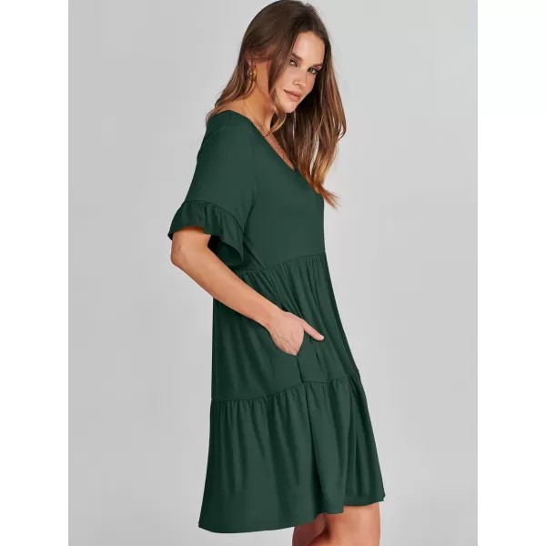 imageANRABESS Womens Summer Casual Cute VNeck Mini Dress with Pocket Ruffle Short Sleeve 2024 Trendy Beach DressesDeep Green