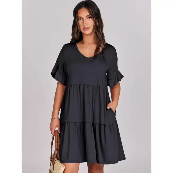 imageANRABESS Womens Summer Casual Cute VNeck Mini Dress with Pocket Ruffle Short Sleeve 2024 Trendy Beach DressesNavy Blue