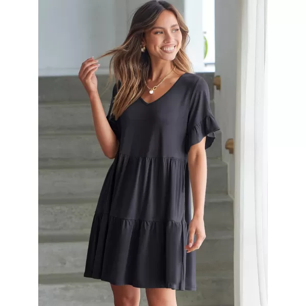 imageANRABESS Womens Summer Casual Cute VNeck Mini Dress with Pocket Ruffle Short Sleeve 2024 Trendy Beach DressesNavy Blue