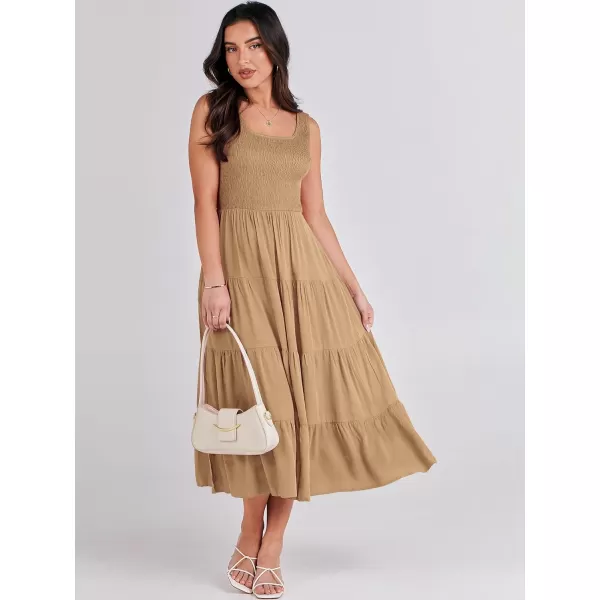 imageANRABESS Womens Summer Casual Dresses Boho Sleeveless Smocked Ruffle Tiered Swing A Line Midi Beach Dress with PocketsApricot