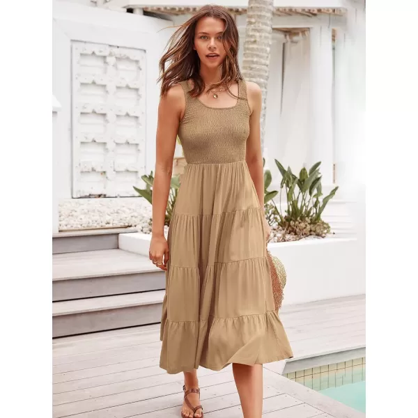 imageANRABESS Womens Summer Casual Dresses Boho Sleeveless Smocked Ruffle Tiered Swing A Line Midi Beach Dress with PocketsApricot