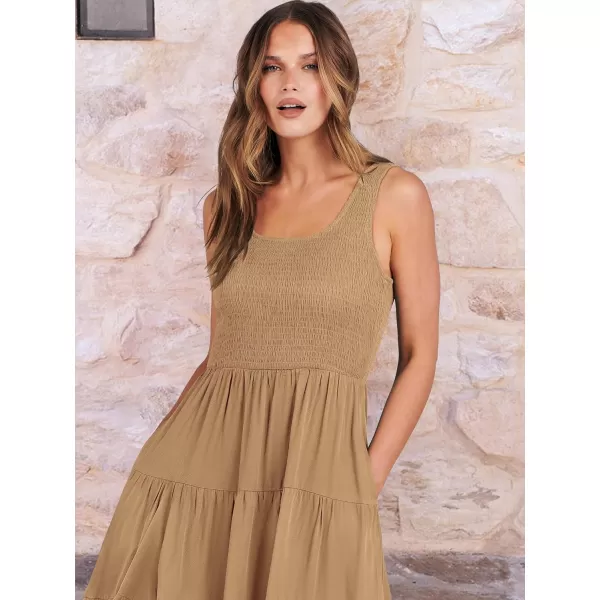 imageANRABESS Womens Summer Casual Dresses Boho Sleeveless Smocked Ruffle Tiered Swing A Line Midi Beach Dress with PocketsApricot