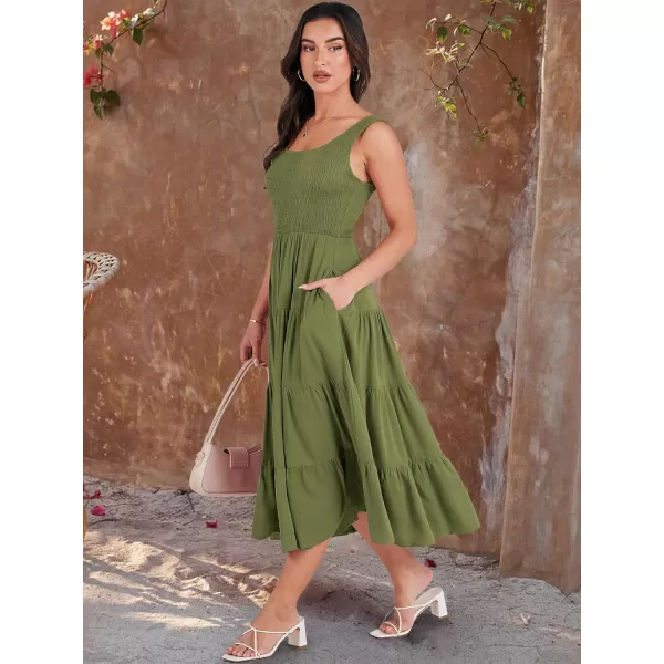 imageANRABESS Womens Summer Casual Dresses Boho Sleeveless Smocked Ruffle Tiered Swing A Line Midi Beach Dress with PocketsArmy Green