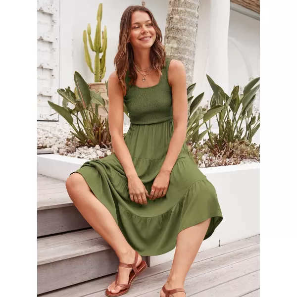 imageANRABESS Womens Summer Casual Dresses Boho Sleeveless Smocked Ruffle Tiered Swing A Line Midi Beach Dress with PocketsArmy Green