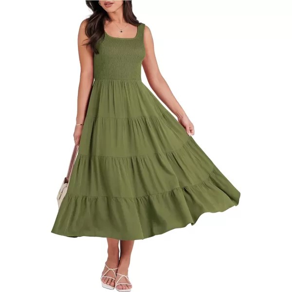 imageANRABESS Womens Summer Casual Dresses Boho Sleeveless Smocked Ruffle Tiered Swing A Line Midi Beach Dress with PocketsArmy Green