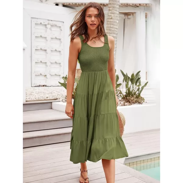 imageANRABESS Womens Summer Casual Dresses Boho Sleeveless Smocked Ruffle Tiered Swing A Line Midi Beach Dress with PocketsArmy Green