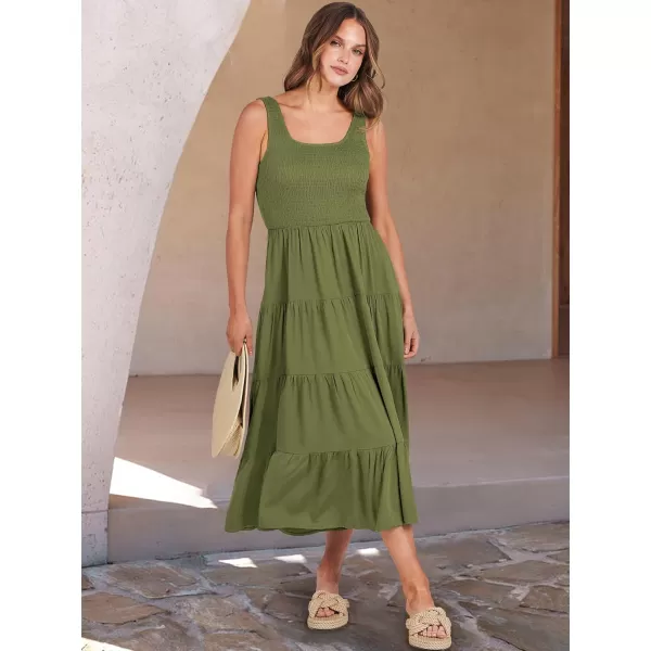 imageANRABESS Womens Summer Casual Dresses Boho Sleeveless Smocked Ruffle Tiered Swing A Line Midi Beach Dress with PocketsArmy Green