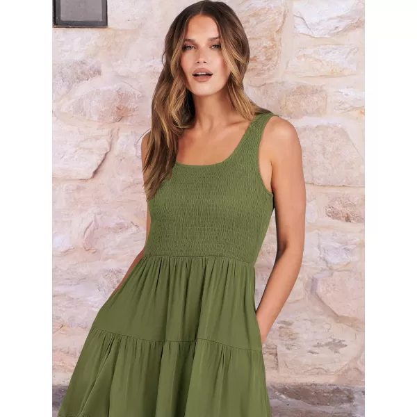 imageANRABESS Womens Summer Casual Dresses Boho Sleeveless Smocked Ruffle Tiered Swing A Line Midi Beach Dress with PocketsArmy Green