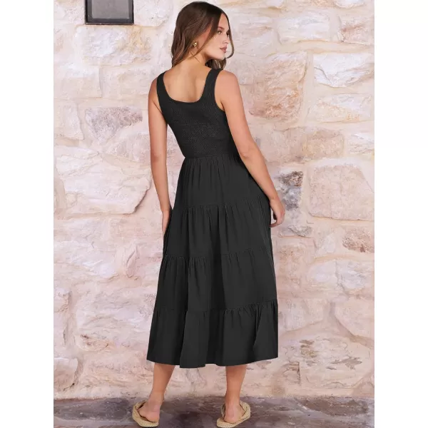 imageANRABESS Womens Summer Casual Dresses Boho Sleeveless Smocked Ruffle Tiered Swing A Line Midi Beach Dress with PocketsBlack