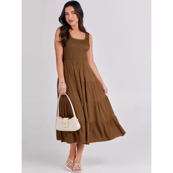 imageANRABESS Womens Summer Casual Dresses Boho Sleeveless Smocked Ruffle Tiered Swing A Line Midi Beach Dress with PocketsBrown