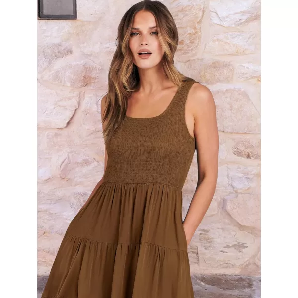 imageANRABESS Womens Summer Casual Dresses Boho Sleeveless Smocked Ruffle Tiered Swing A Line Midi Beach Dress with PocketsBrown
