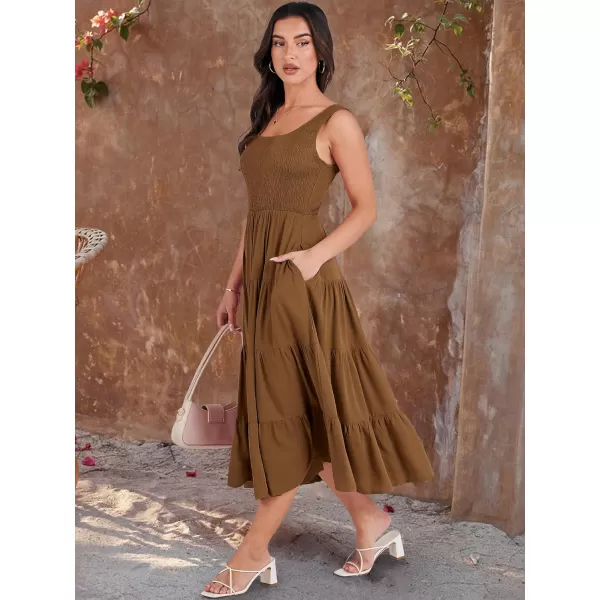 imageANRABESS Womens Summer Casual Dresses Boho Sleeveless Smocked Ruffle Tiered Swing A Line Midi Beach Dress with PocketsBrown