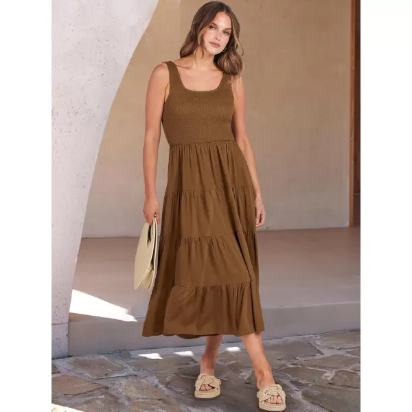 imageANRABESS Womens Summer Casual Dresses Boho Sleeveless Smocked Ruffle Tiered Swing A Line Midi Beach Dress with PocketsBrown