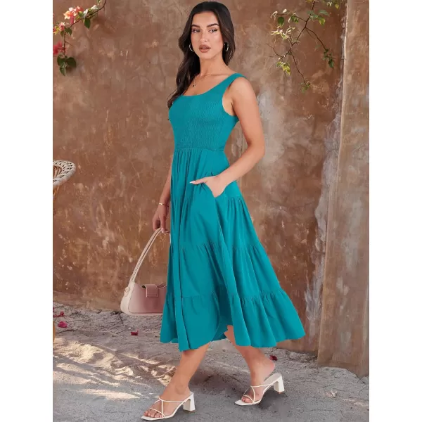 imageANRABESS Womens Summer Casual Dresses Boho Sleeveless Smocked Ruffle Tiered Swing A Line Midi Beach Dress with PocketsCyan Blue