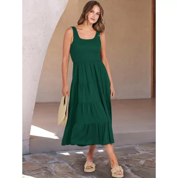 imageANRABESS Womens Summer Casual Dresses Boho Sleeveless Smocked Ruffle Tiered Swing A Line Midi Beach Dress with PocketsDark Green