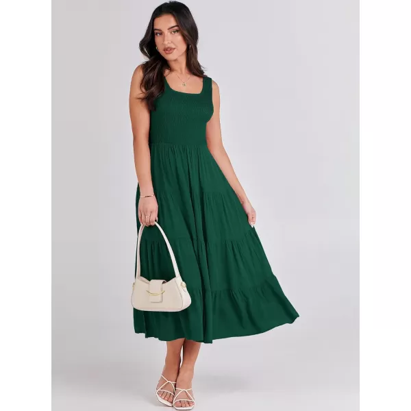 imageANRABESS Womens Summer Casual Dresses Boho Sleeveless Smocked Ruffle Tiered Swing A Line Midi Beach Dress with PocketsDark Green