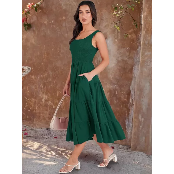 imageANRABESS Womens Summer Casual Dresses Boho Sleeveless Smocked Ruffle Tiered Swing A Line Midi Beach Dress with PocketsDark Green