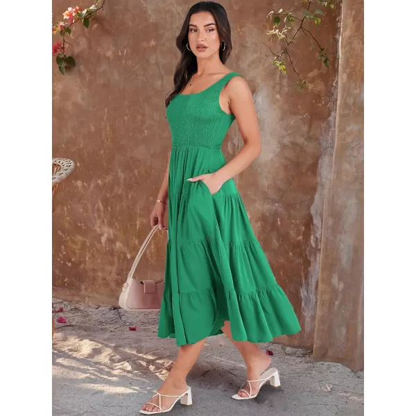 imageANRABESS Womens Summer Casual Dresses Boho Sleeveless Smocked Ruffle Tiered Swing A Line Midi Beach Dress with PocketsGreen