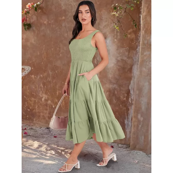 imageANRABESS Womens Summer Casual Dresses Boho Sleeveless Smocked Ruffle Tiered Swing A Line Midi Beach Dress with PocketsLight Green