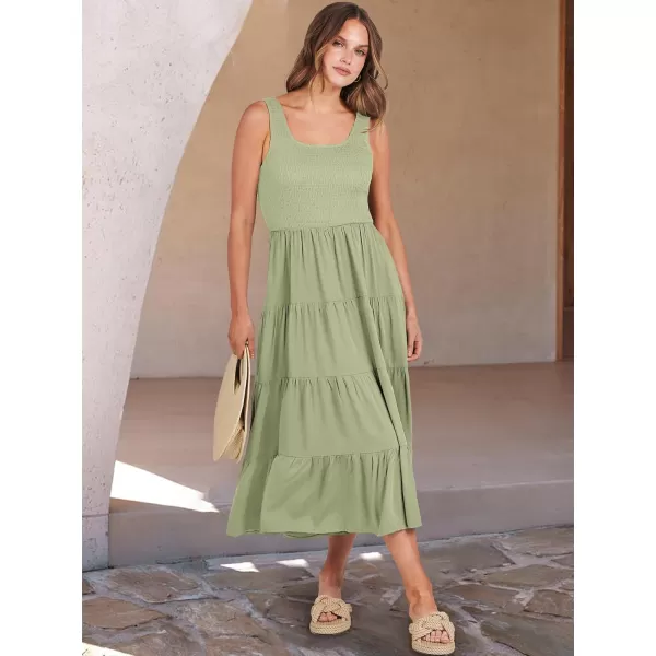 imageANRABESS Womens Summer Casual Dresses Boho Sleeveless Smocked Ruffle Tiered Swing A Line Midi Beach Dress with PocketsLight Green
