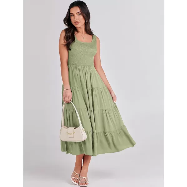 imageANRABESS Womens Summer Casual Dresses Boho Sleeveless Smocked Ruffle Tiered Swing A Line Midi Beach Dress with PocketsLight Green