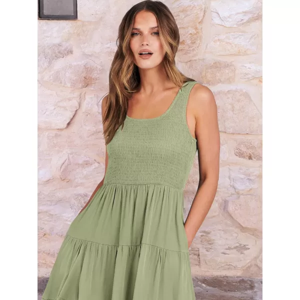 imageANRABESS Womens Summer Casual Dresses Boho Sleeveless Smocked Ruffle Tiered Swing A Line Midi Beach Dress with PocketsLight Green