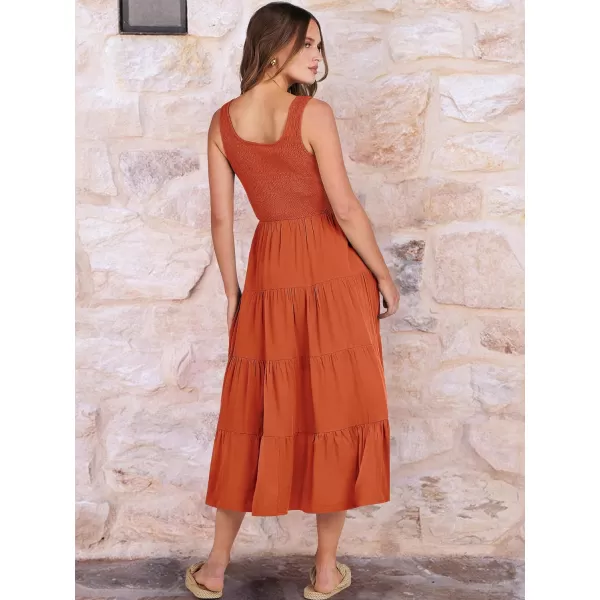 imageANRABESS Womens Summer Casual Dresses Boho Sleeveless Smocked Ruffle Tiered Swing A Line Midi Beach Dress with PocketsOrange