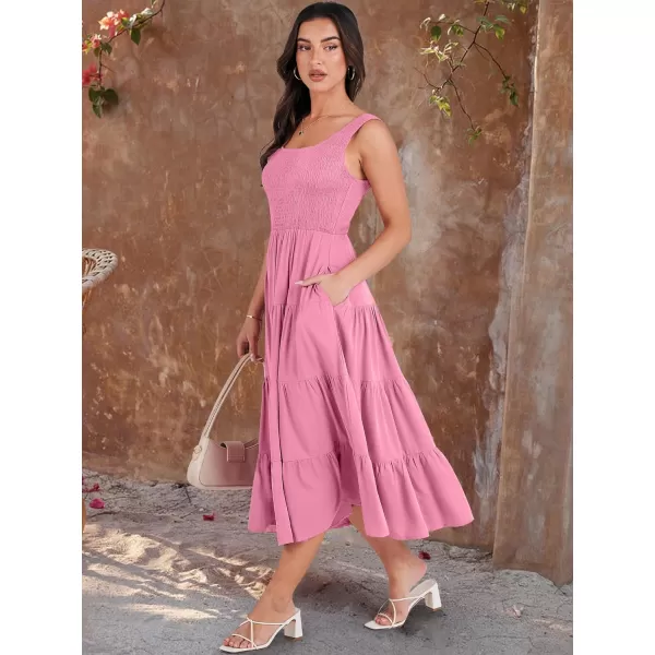 imageANRABESS Womens Summer Casual Dresses Boho Sleeveless Smocked Ruffle Tiered Swing A Line Midi Beach Dress with PocketsPink