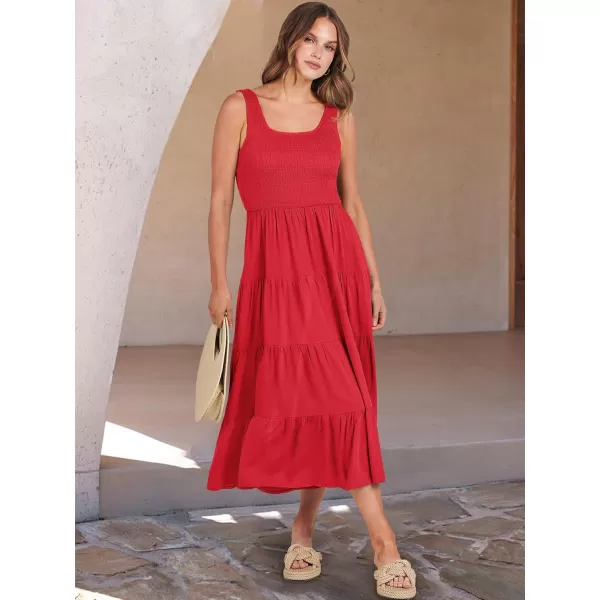 imageANRABESS Womens Summer Casual Dresses Boho Sleeveless Smocked Ruffle Tiered Swing A Line Midi Beach Dress with PocketsRed