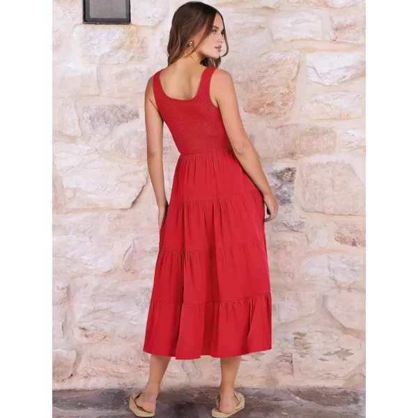 imageANRABESS Womens Summer Casual Dresses Boho Sleeveless Smocked Ruffle Tiered Swing A Line Midi Beach Dress with PocketsRed