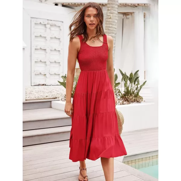 imageANRABESS Womens Summer Casual Dresses Boho Sleeveless Smocked Ruffle Tiered Swing A Line Midi Beach Dress with PocketsRed