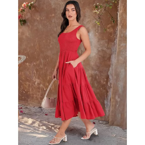 imageANRABESS Womens Summer Casual Dresses Boho Sleeveless Smocked Ruffle Tiered Swing A Line Midi Beach Dress with PocketsRed