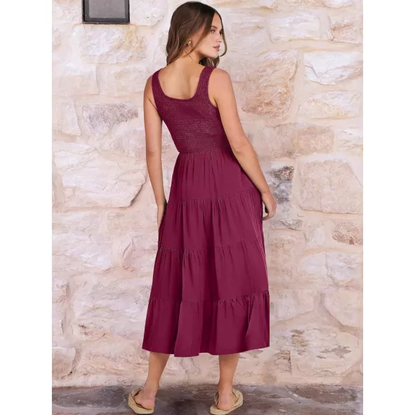 imageANRABESS Womens Summer Casual Dresses Boho Sleeveless Smocked Ruffle Tiered Swing A Line Midi Beach Dress with PocketsWine Red