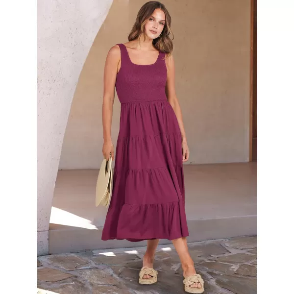 imageANRABESS Womens Summer Casual Dresses Boho Sleeveless Smocked Ruffle Tiered Swing A Line Midi Beach Dress with PocketsWine Red