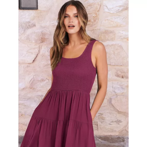 imageANRABESS Womens Summer Casual Dresses Boho Sleeveless Smocked Ruffle Tiered Swing A Line Midi Beach Dress with PocketsWine Red