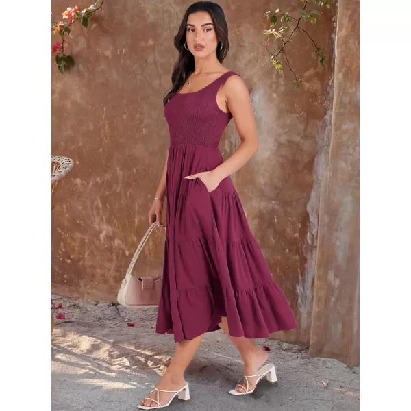 imageANRABESS Womens Summer Casual Dresses Boho Sleeveless Smocked Ruffle Tiered Swing A Line Midi Beach Dress with PocketsWine Red