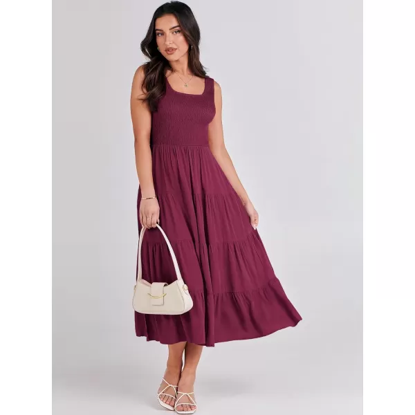 imageANRABESS Womens Summer Casual Dresses Boho Sleeveless Smocked Ruffle Tiered Swing A Line Midi Beach Dress with PocketsWine Red