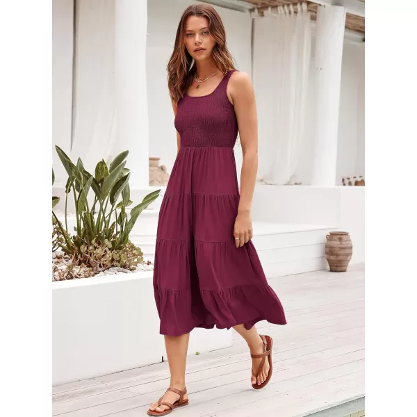 imageANRABESS Womens Summer Casual Dresses Boho Sleeveless Smocked Ruffle Tiered Swing A Line Midi Beach Dress with PocketsWine Red
