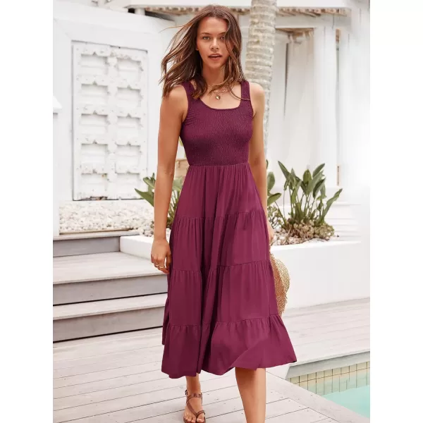 imageANRABESS Womens Summer Casual Dresses Boho Sleeveless Smocked Ruffle Tiered Swing A Line Midi Beach Dress with PocketsWine Red