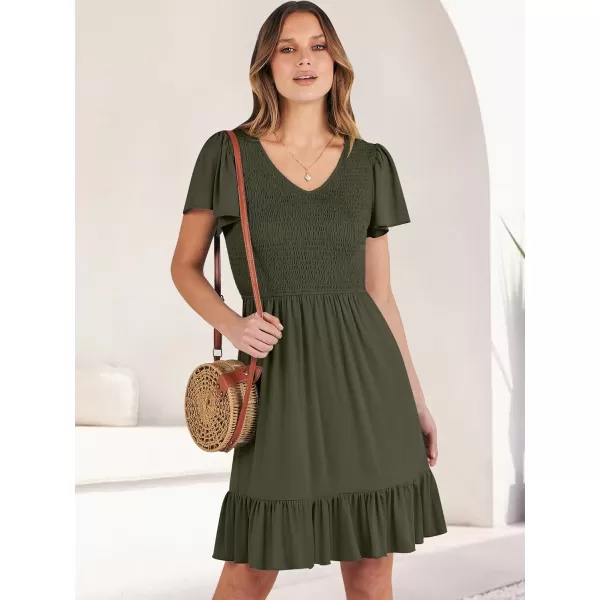 imageANRABESS Womens Summer Casual Flowy Smocked V Neck Flutter Sleeve Beach Mini Dress with PocketsArmy Green