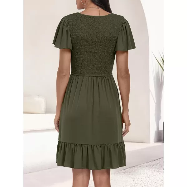 imageANRABESS Womens Summer Casual Flowy Smocked V Neck Flutter Sleeve Beach Mini Dress with PocketsArmy Green