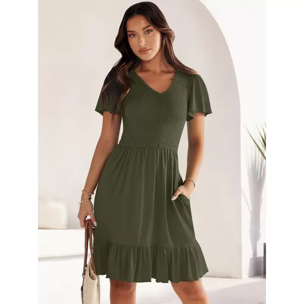 imageANRABESS Womens Summer Casual Flowy Smocked V Neck Flutter Sleeve Beach Mini Dress with PocketsArmy Green