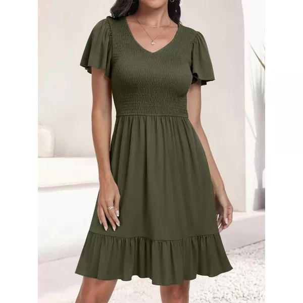imageANRABESS Womens Summer Casual Flowy Smocked V Neck Flutter Sleeve Beach Mini Dress with PocketsArmy Green
