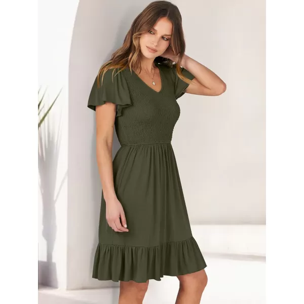 imageANRABESS Womens Summer Casual Flowy Smocked V Neck Flutter Sleeve Beach Mini Dress with PocketsArmy Green